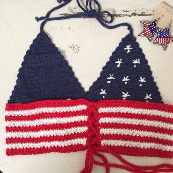 American Flag Crochet Halter Bikini Bralette Top - Picture 2 of 5